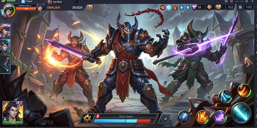 Tampilan menyerupai pertarungan seru di dalam game MOBA.