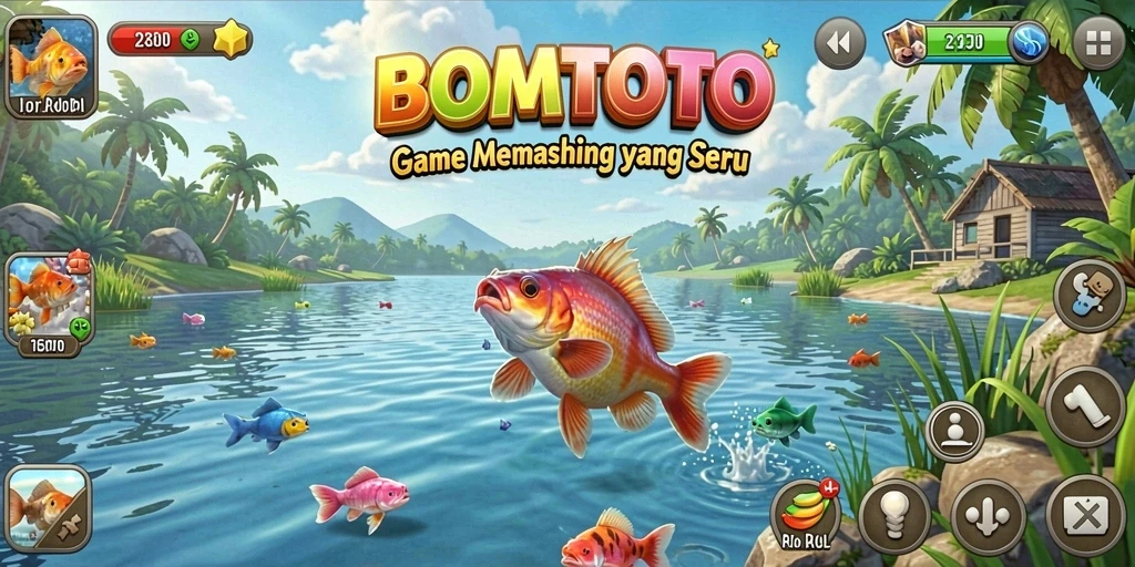 Screenshot utama BOMTOTO menunjukkan pemain sedang memancing di danau yang indah.