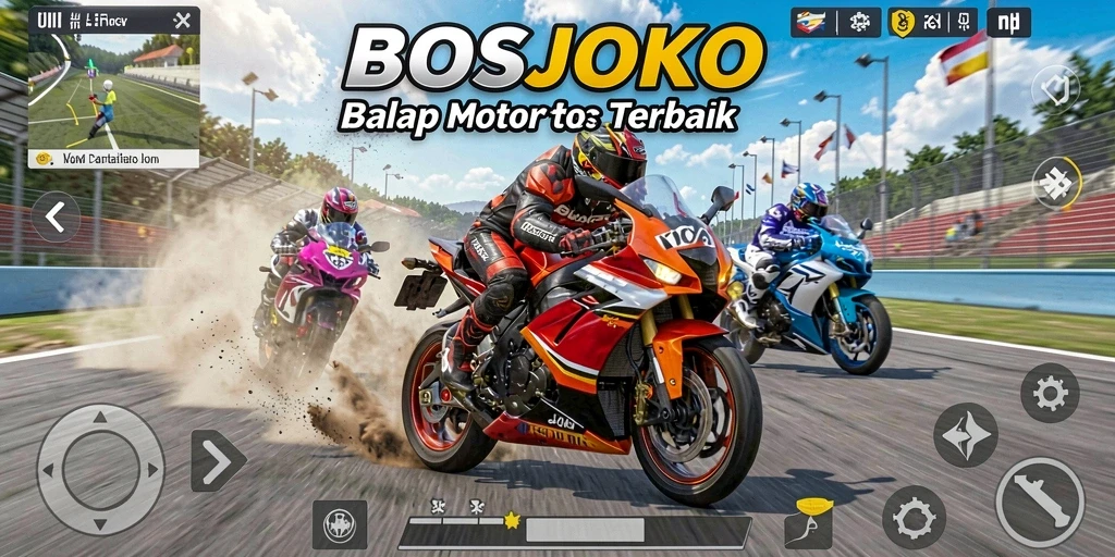 Screenshot menunjukkan aksi balapan mendebarkan di BOSJOKO.