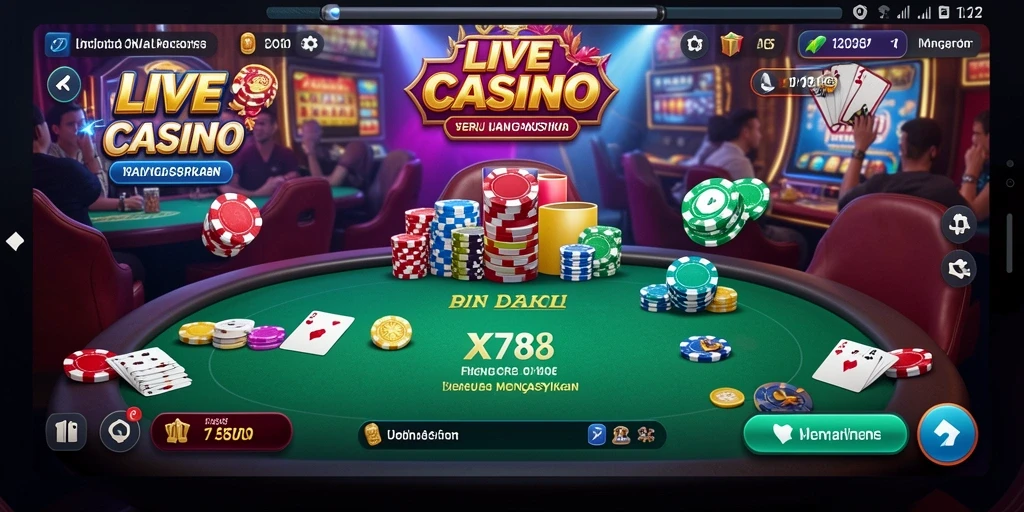 Screenshot gameplay X78 menampilkan dealer langsung dan suasana kasino yang hidup.
